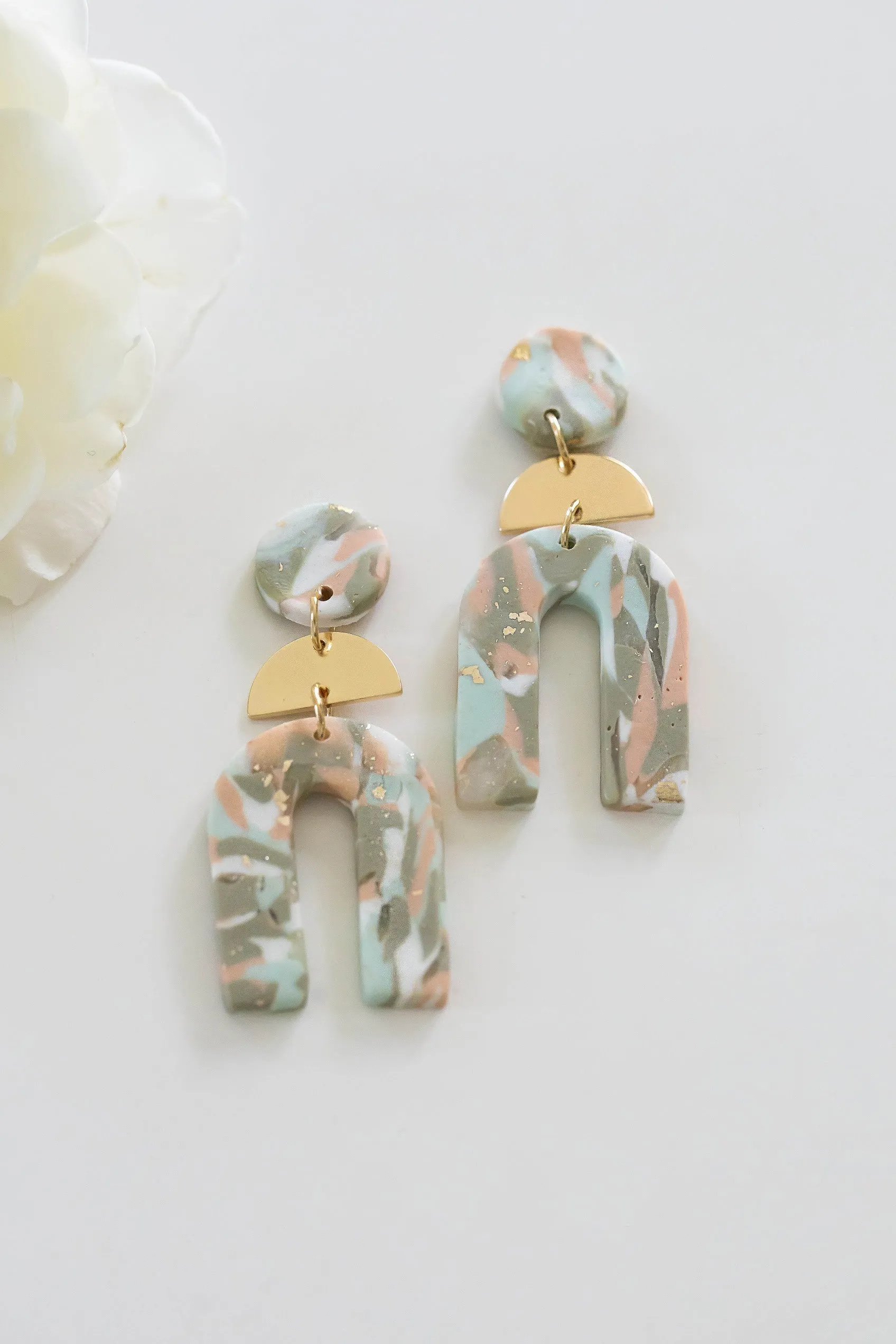 Shauna Pastel Clay Earrings | Art Deco Clay Arch Earrings | Mint and Blush Painted Clay