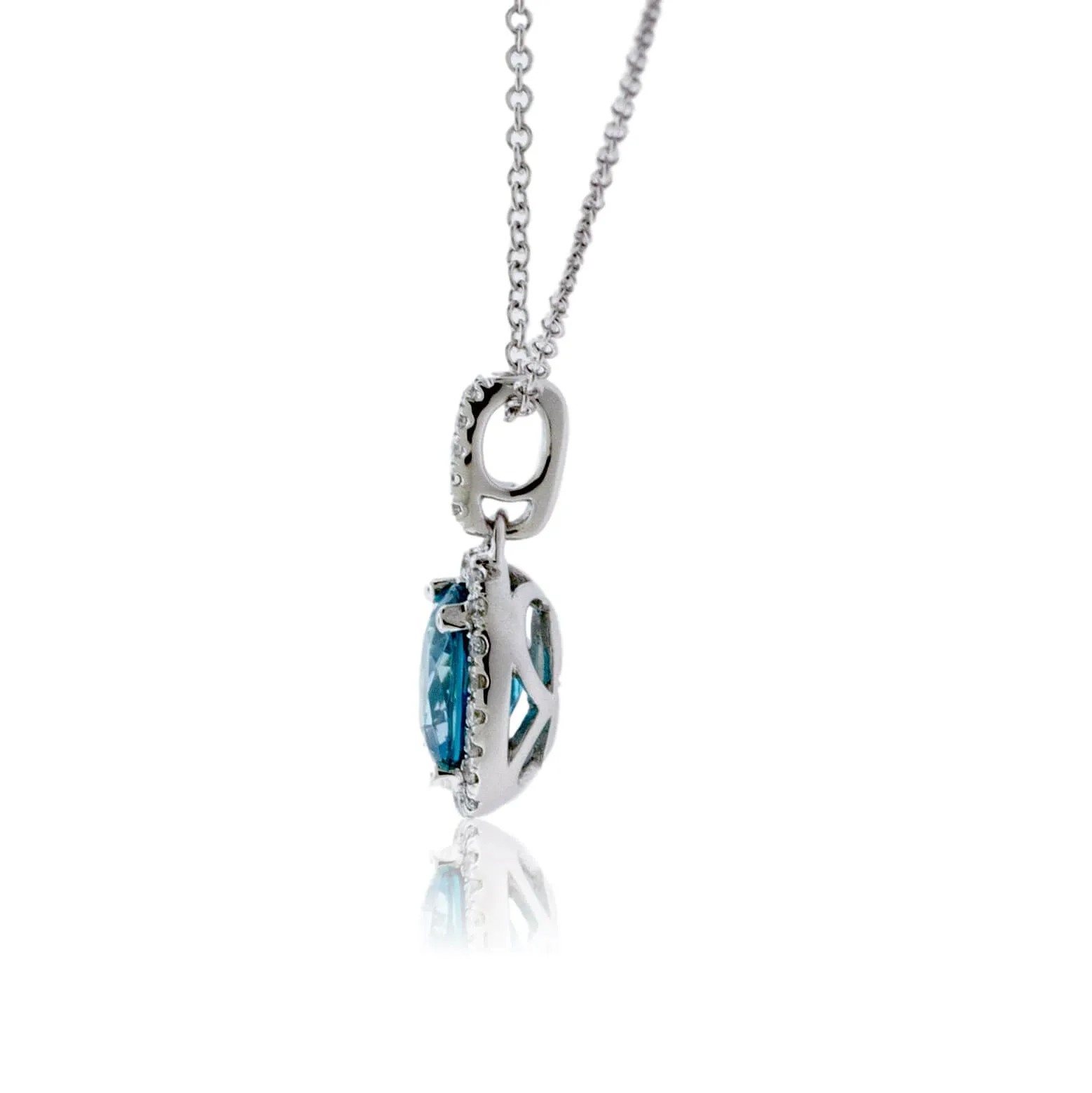 Simple Oval Blue Zircon in Diamond Halo Pendant