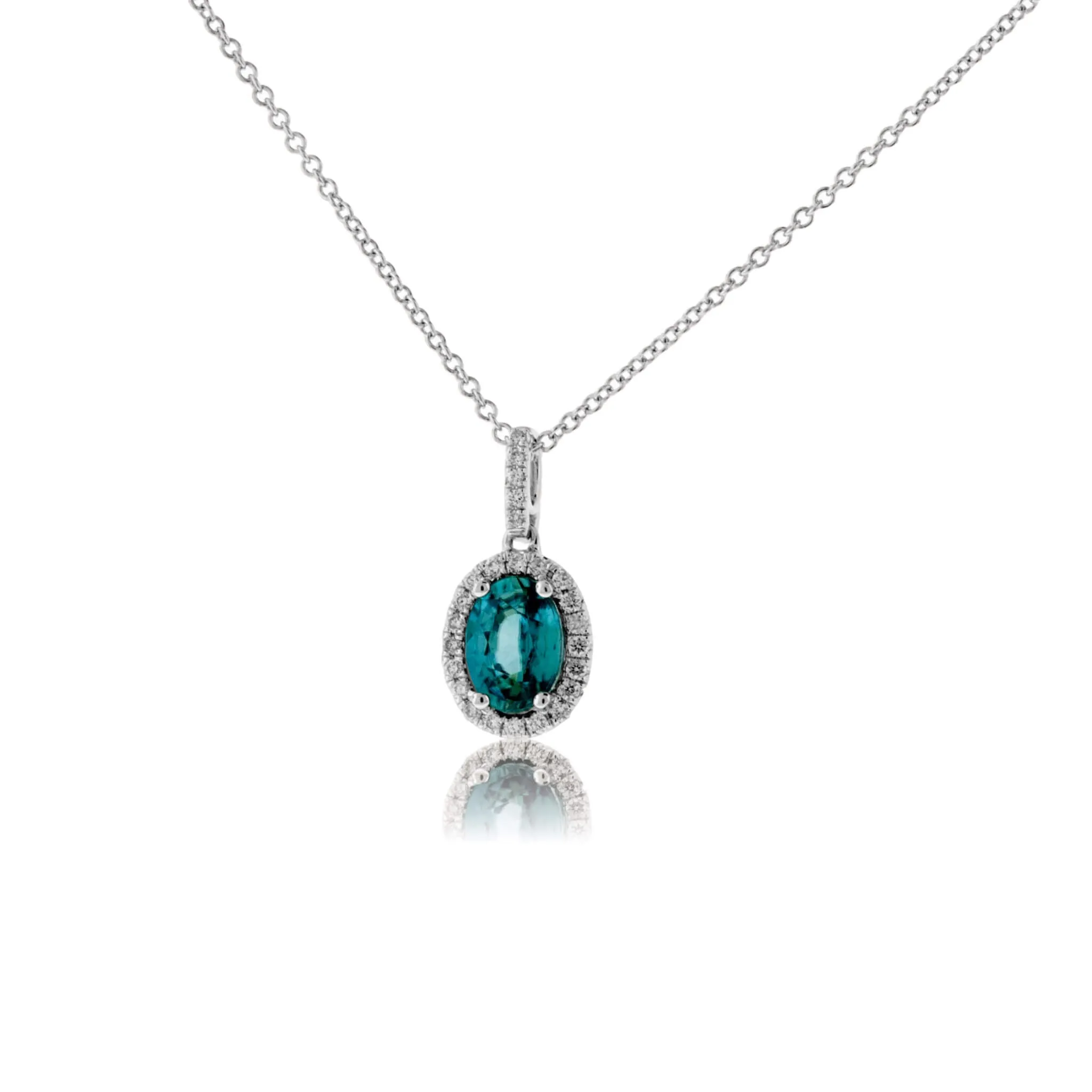 Simple Oval Blue Zircon in Diamond Halo Pendant