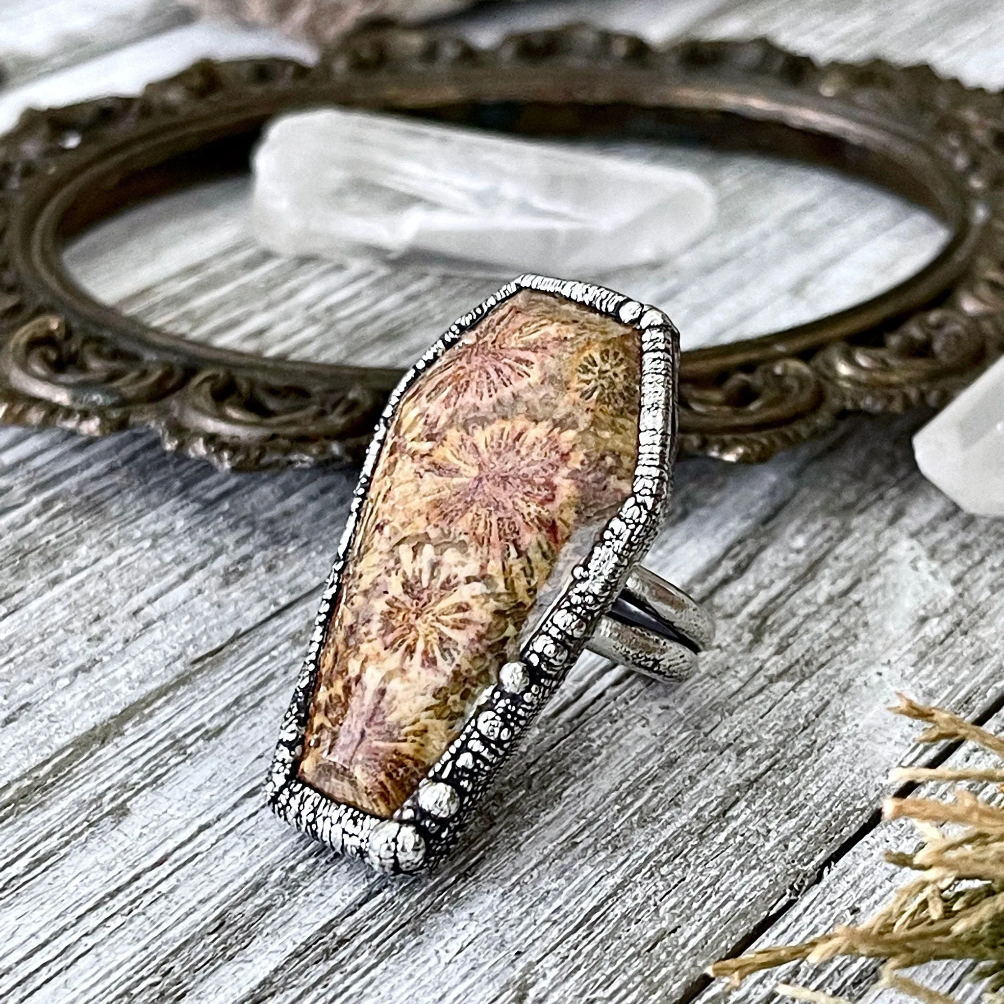 Size 8 Large Fossilized Coral Coffin Statement Ring in Fine Silver / Foxlark Collection - One of a Kind