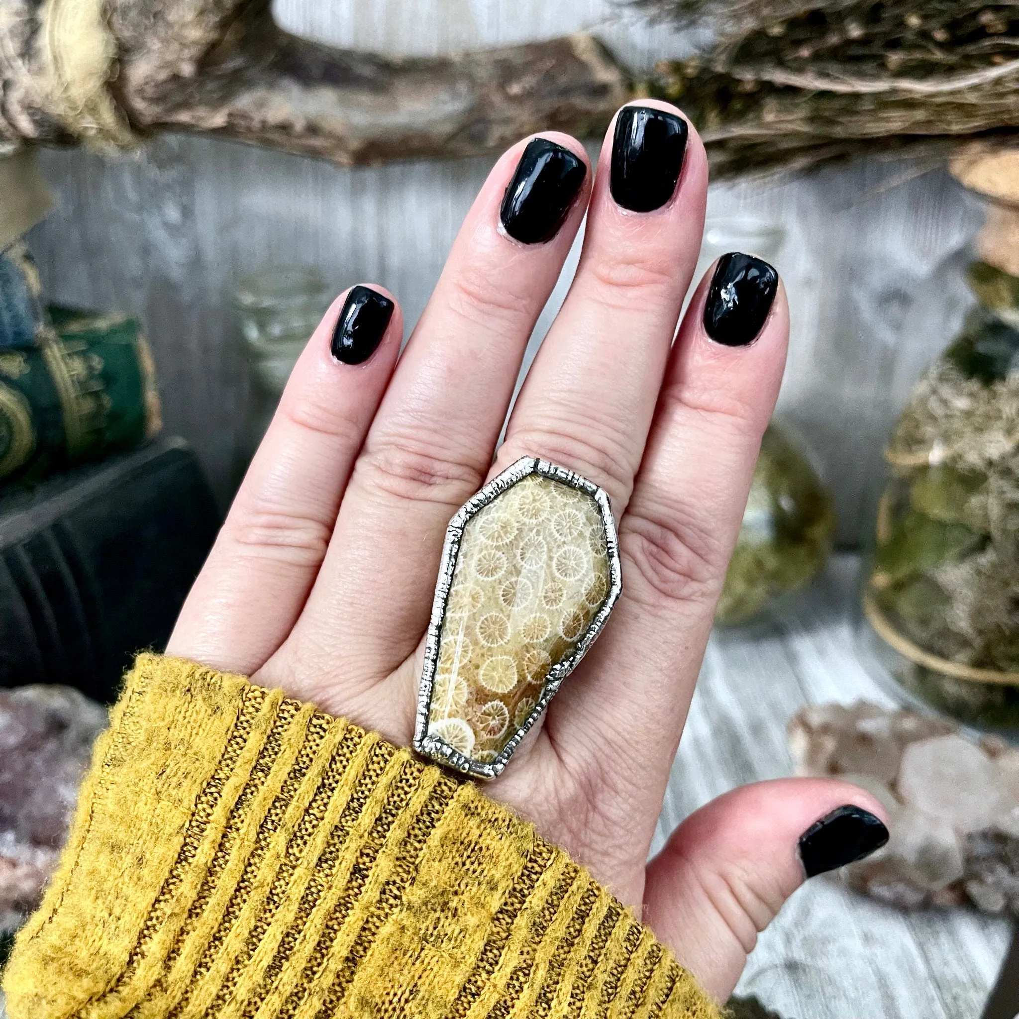 Size 8.5 Large Fossilized Coral Coffin Statement Ring in Fine Silver / Foxlark Collection - One of a Kind