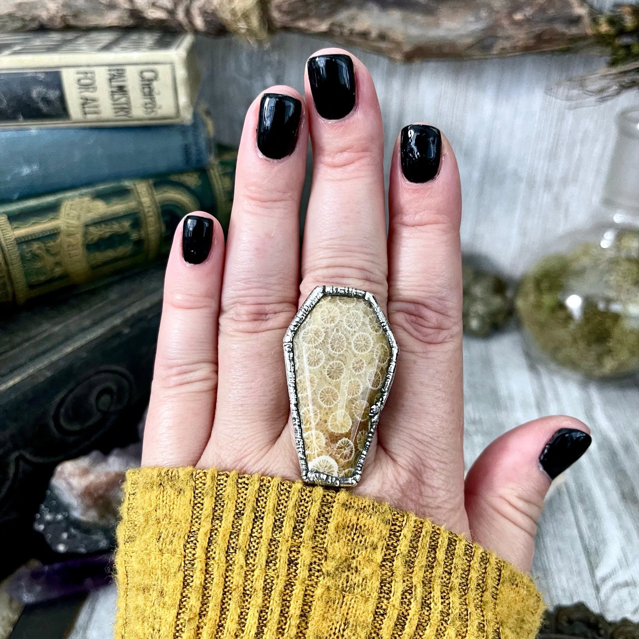 Size 8.5 Large Fossilized Coral Coffin Statement Ring in Fine Silver / Foxlark Collection - One of a Kind