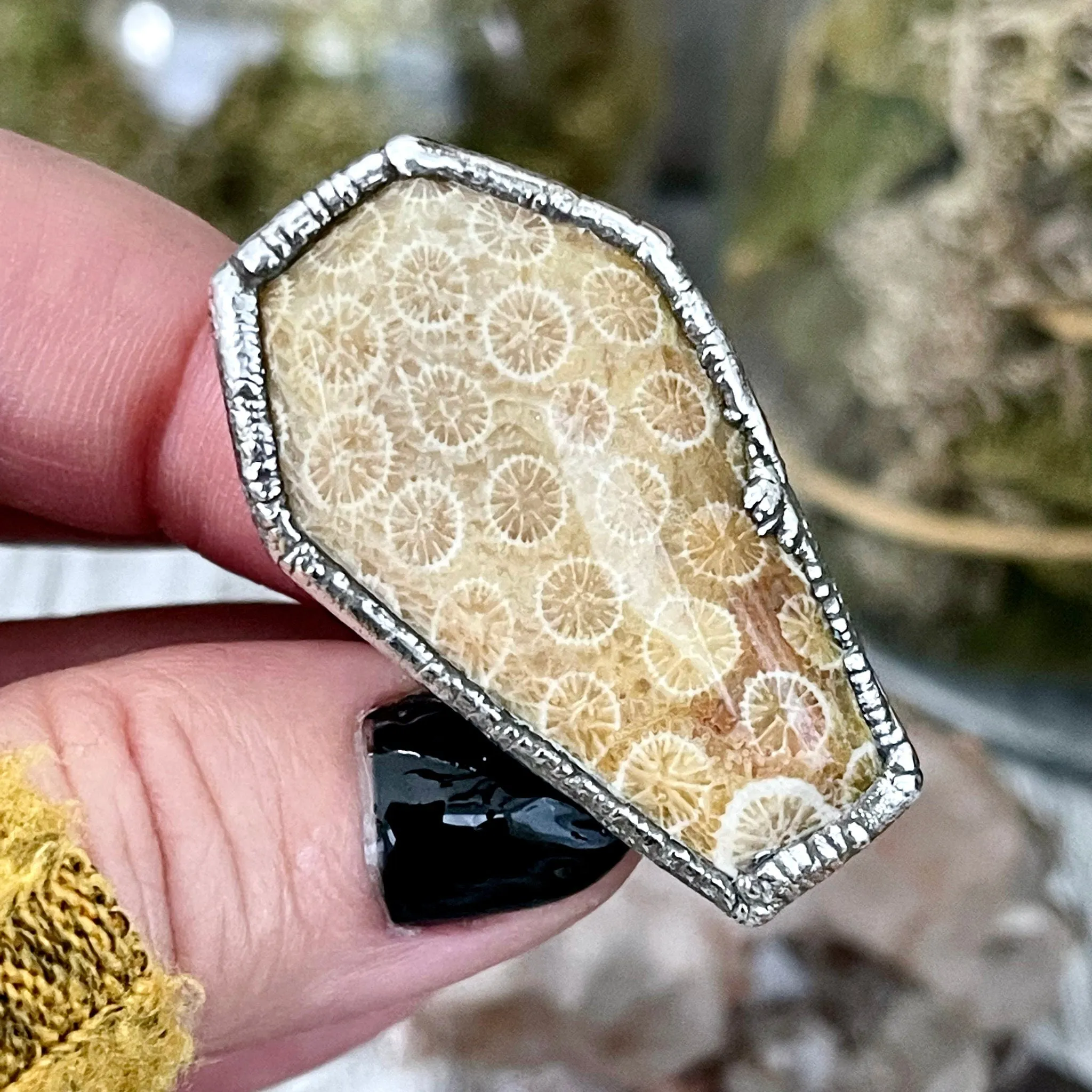 Size 8.5 Large Fossilized Coral Coffin Statement Ring in Fine Silver / Foxlark Collection - One of a Kind