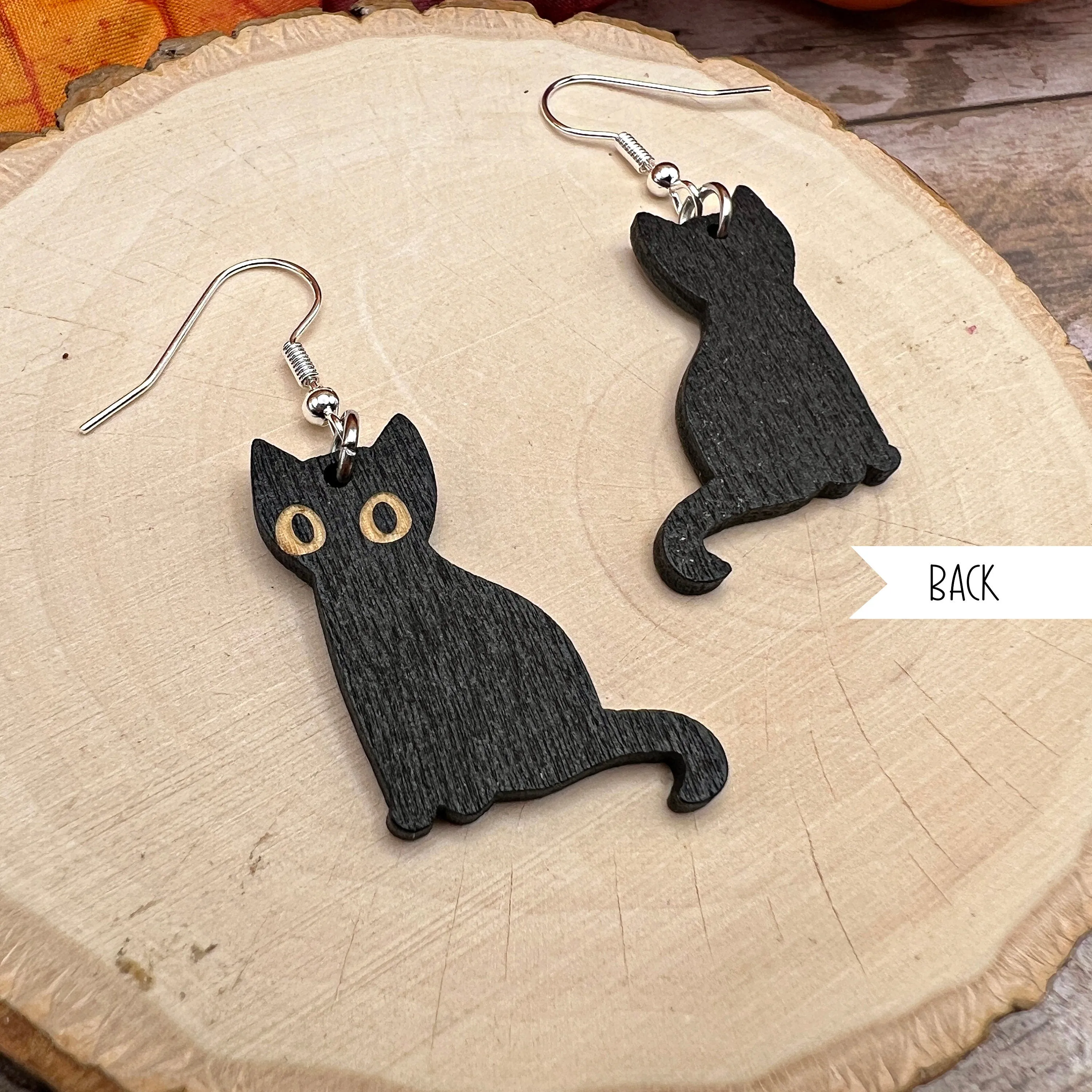 Spooky Black Halloween Cat Painted Wood Hypoallergenic  Earrings