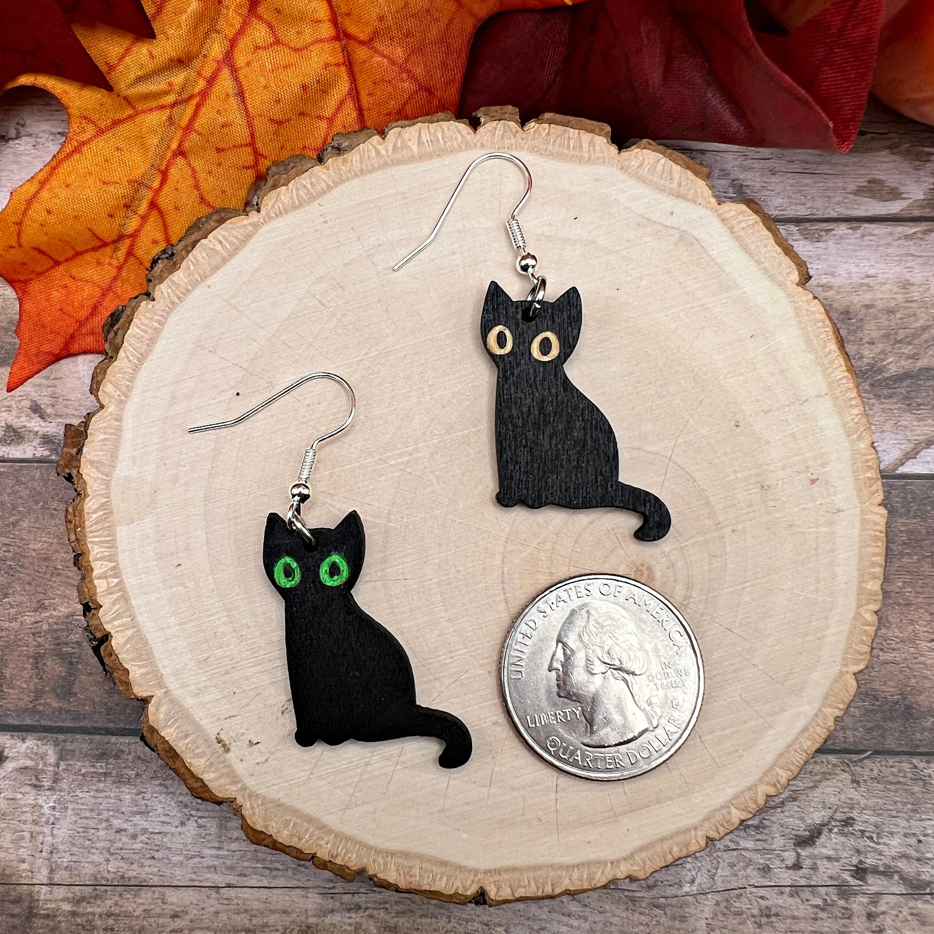 Spooky Black Halloween Cat Painted Wood Hypoallergenic  Earrings