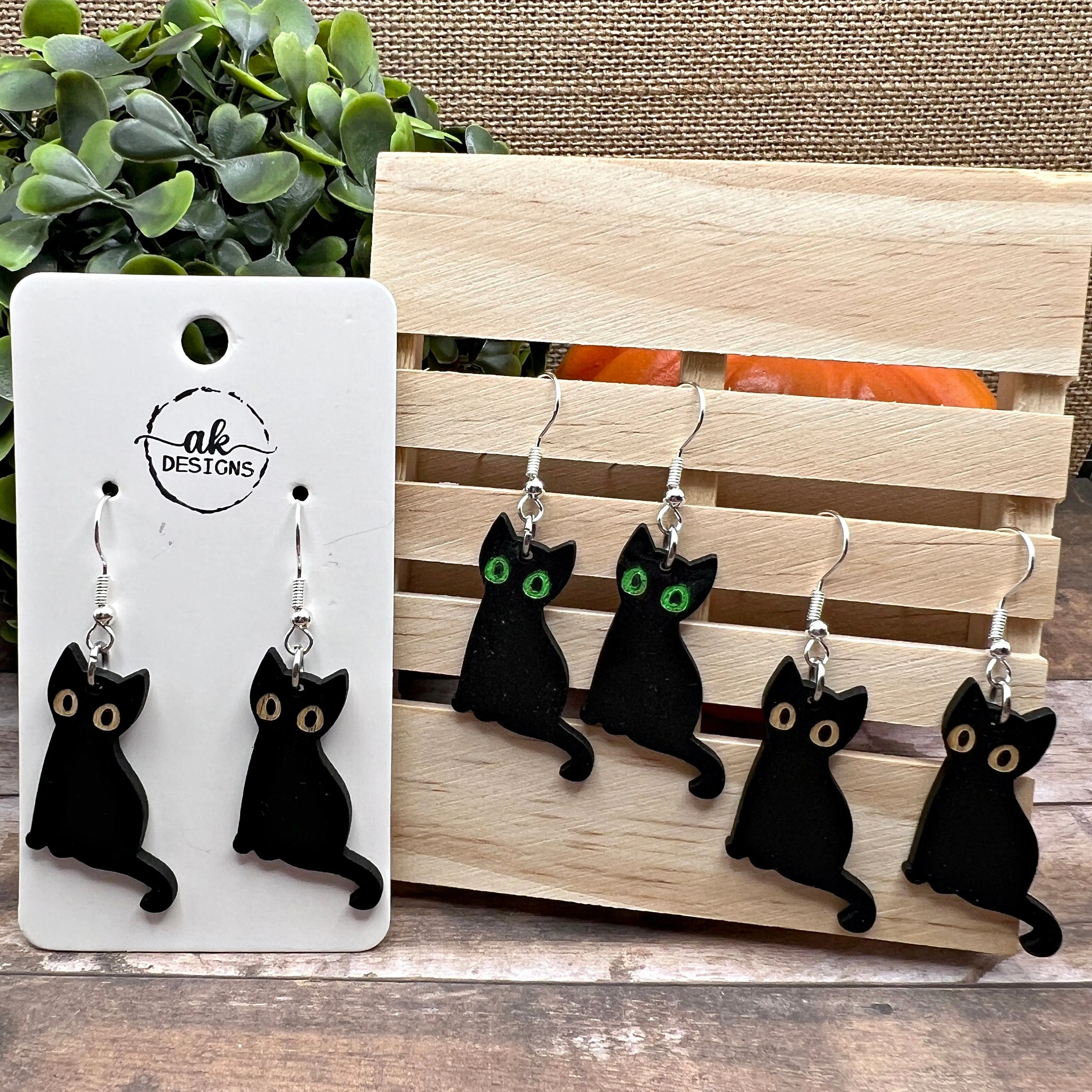 Spooky Black Halloween Cat Painted Wood Hypoallergenic  Earrings