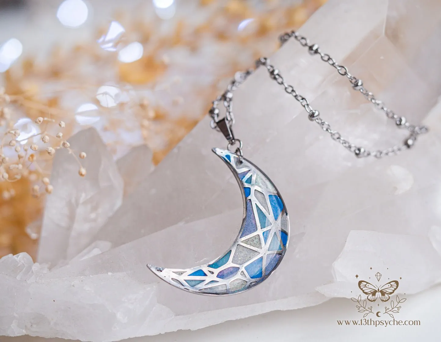 Stained glass inspired blue moon pendant necklace