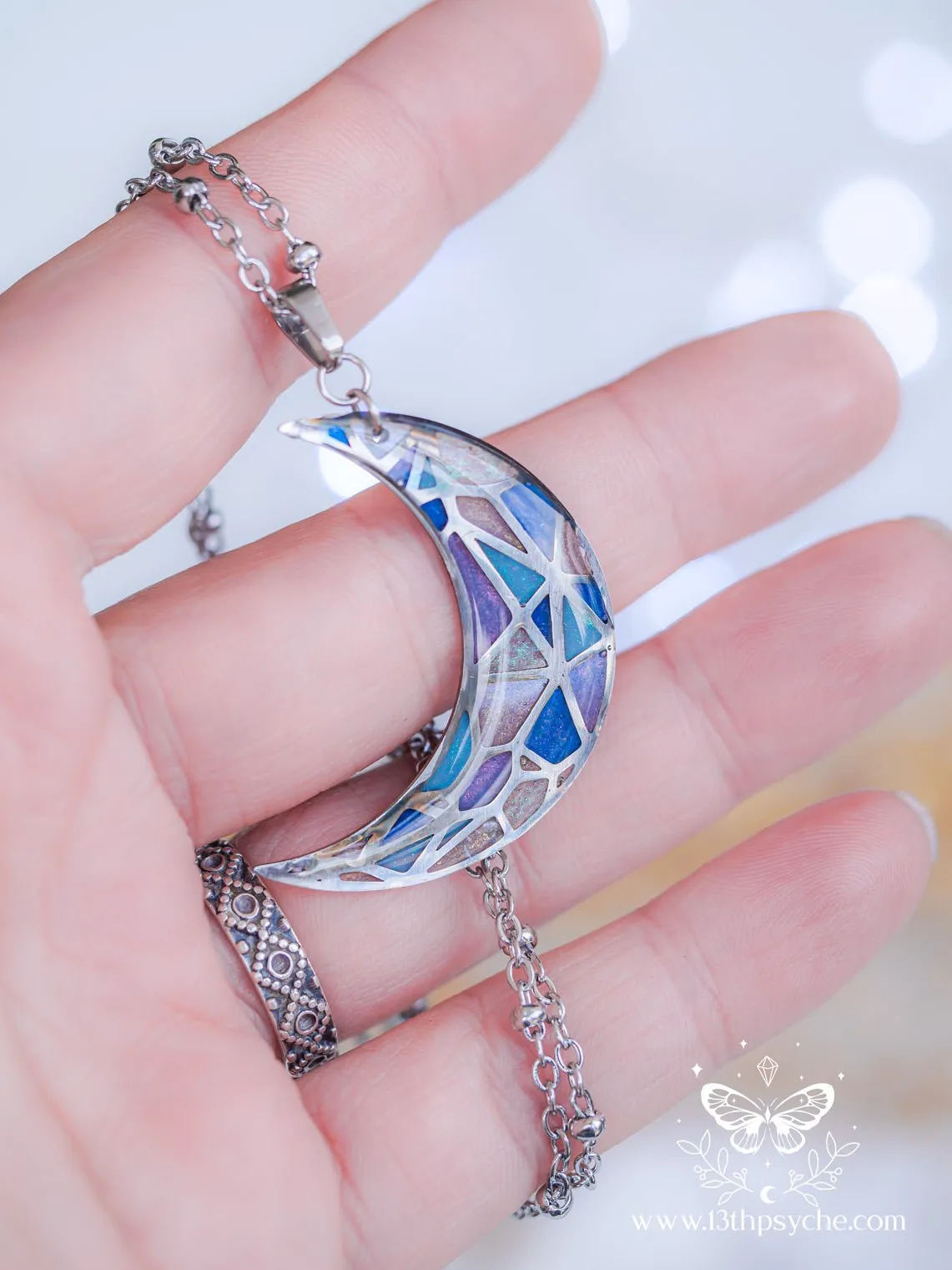 Stained glass inspired blue moon pendant necklace