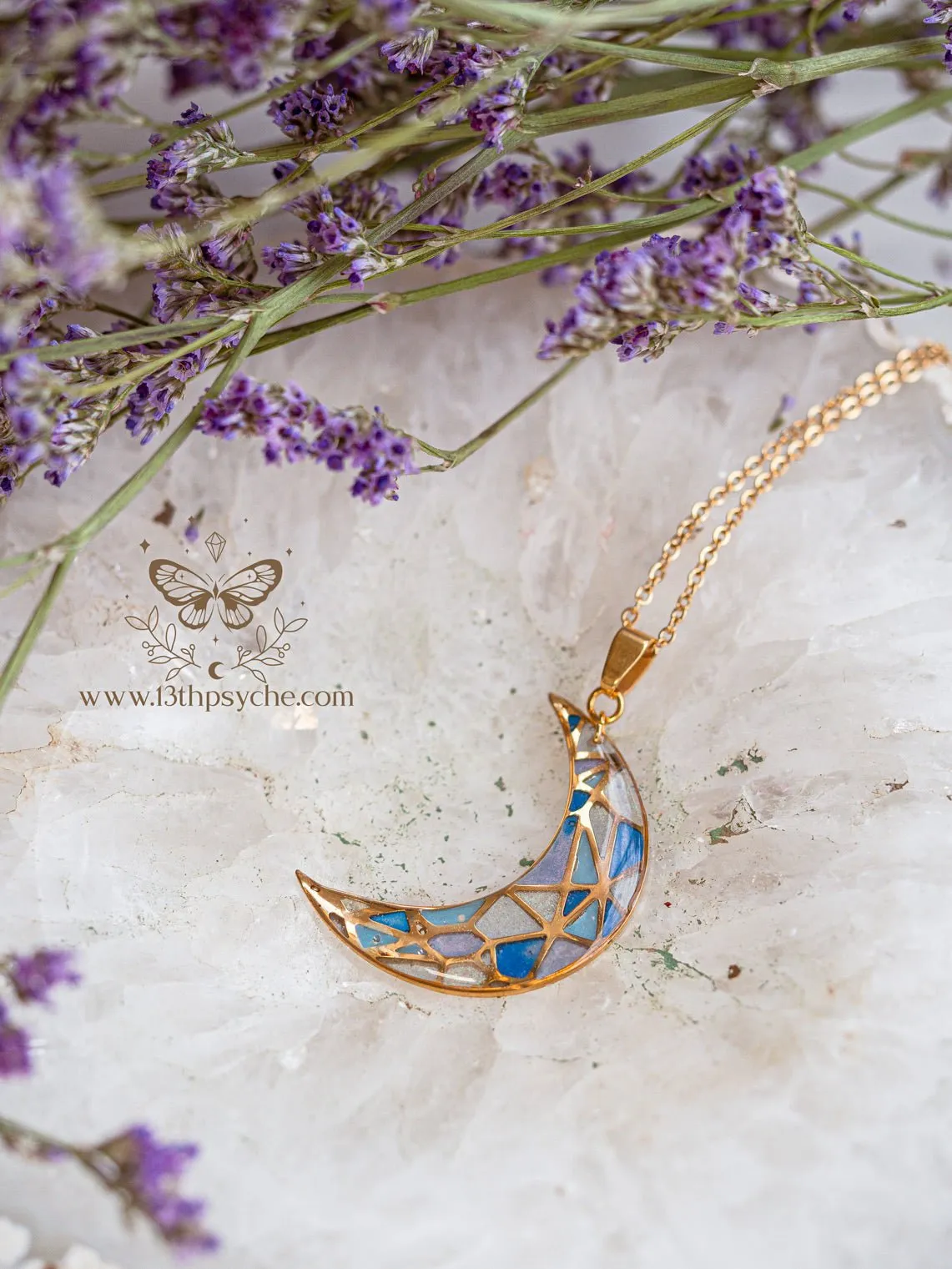 Stained glass inspired blue moon pendant necklace