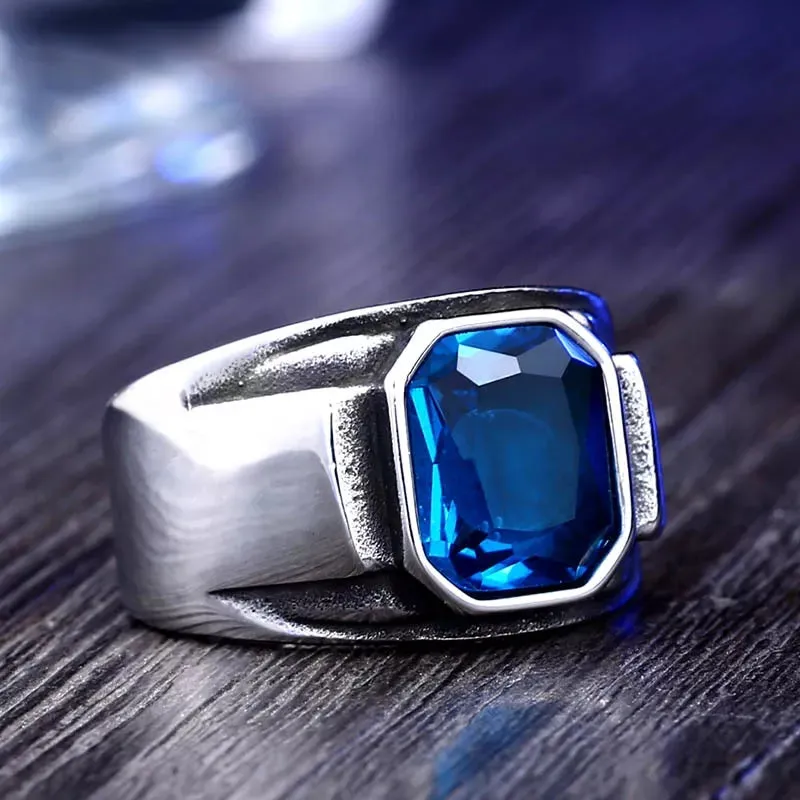 Stainless Steel Retro Blue CZ Ring