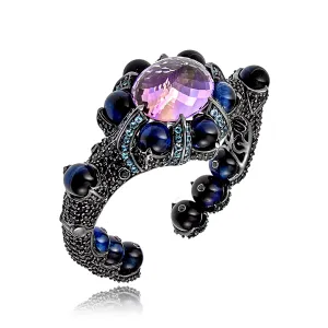 Sterling Silver Cuff Bracelet with Black Spinel, Blue Topaz, Black Onyx, Amethyst & Blue Tiger Bead