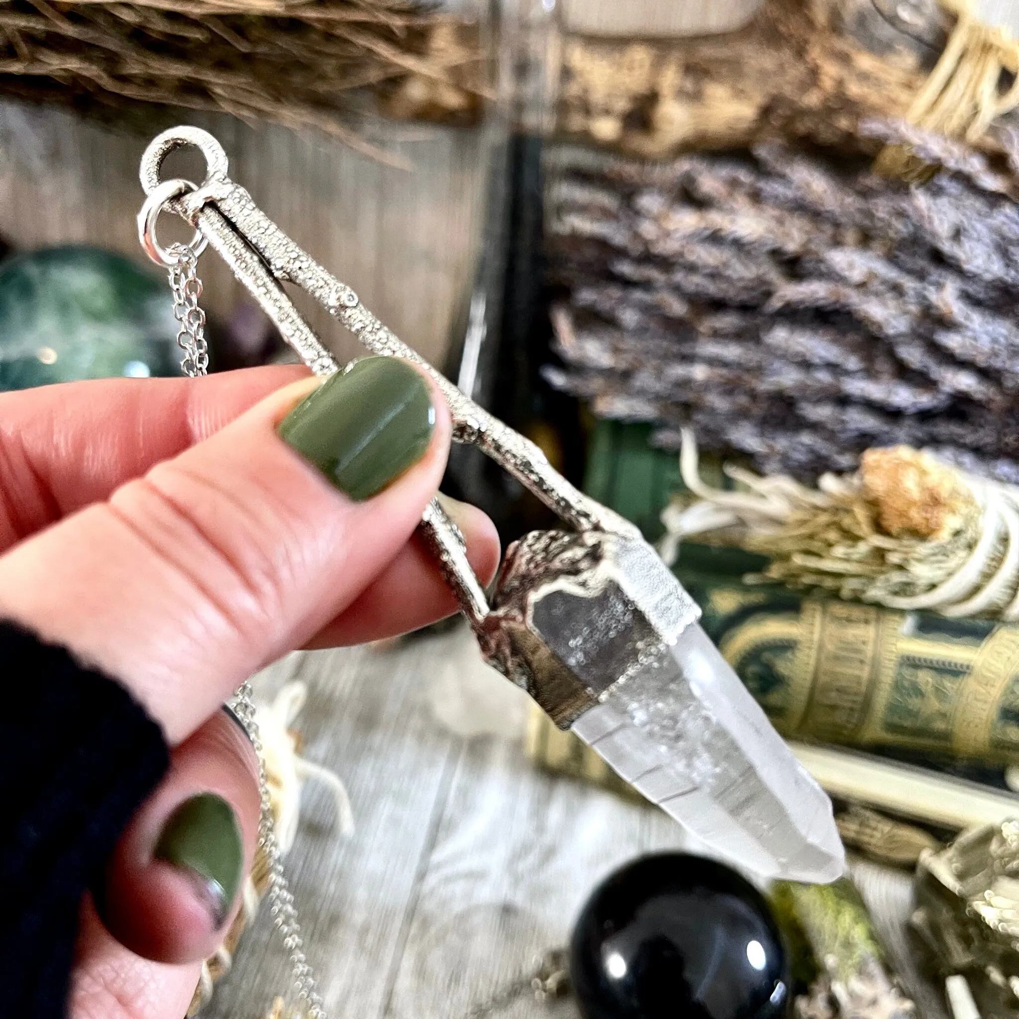 Sticks & Stones Collection- Raw Clear Quartz Crystal Necklace in Fine Silver /