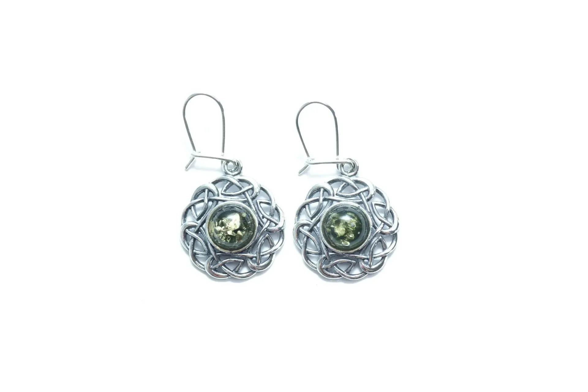 Stunning Green Celtic Pattern Earrings | Baltic Amber & Sterling Silver | Baltic Beauty