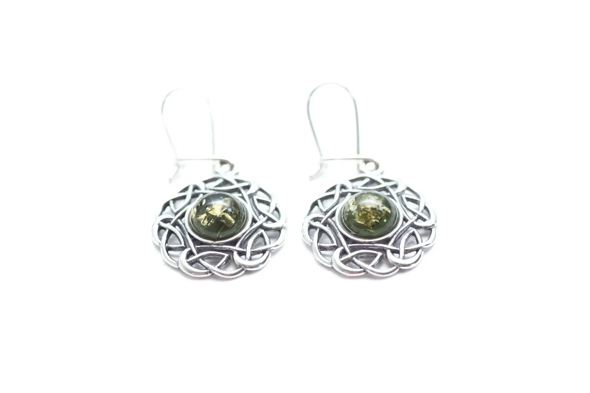 Stunning Green Celtic Pattern Earrings | Baltic Amber & Sterling Silver | Baltic Beauty