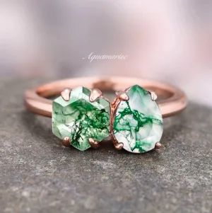 'Toi Et Moi' Green Moss Agate Ring- 14K Rose Gold Vermeil