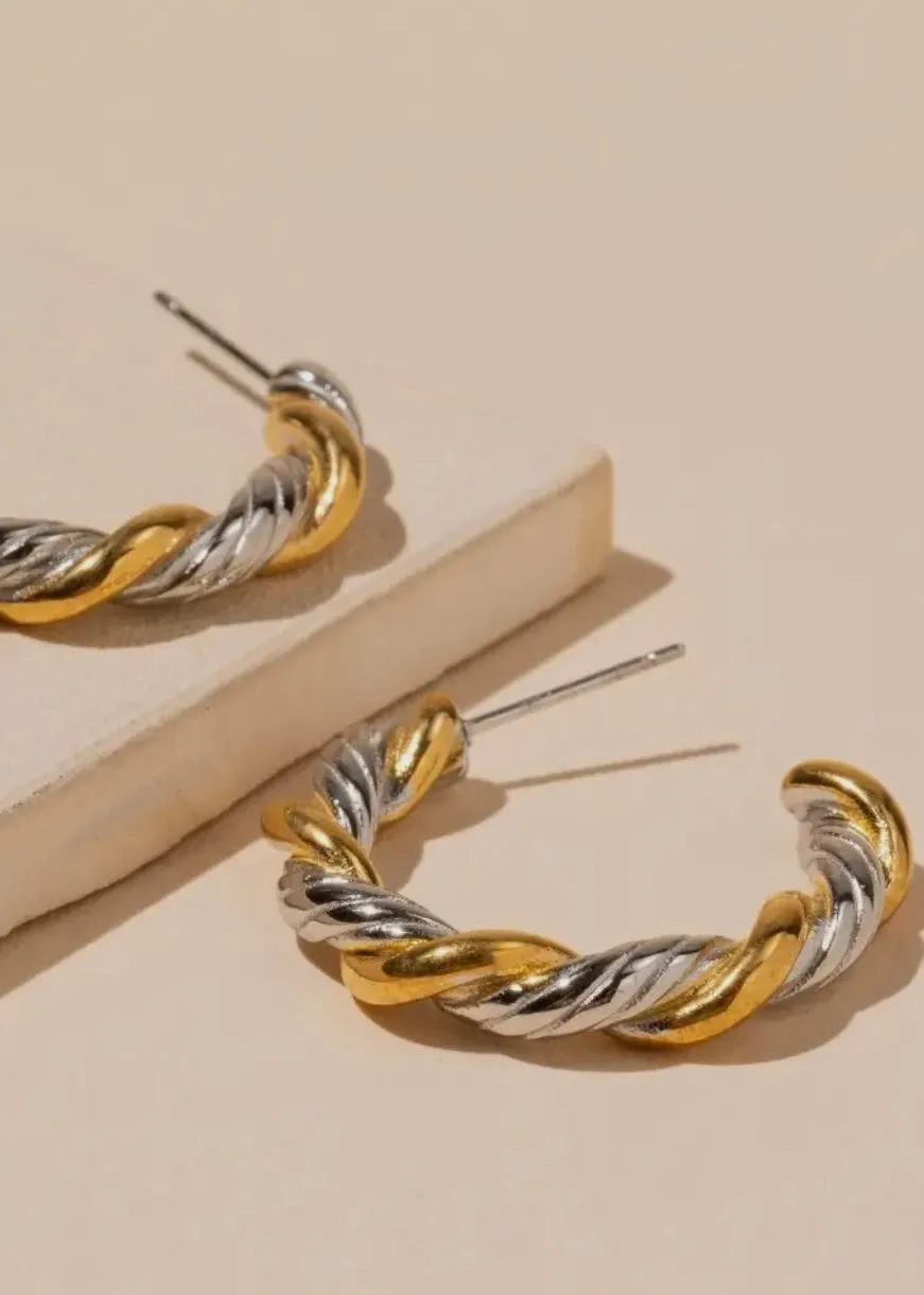 Twisted 18k Gold Dipped Stainless Steal Mixed Metal Earrings