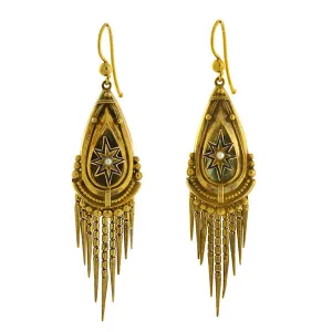 Victorian 15kt Pearl Enameled Starburst Foxtail Fringe Earrings