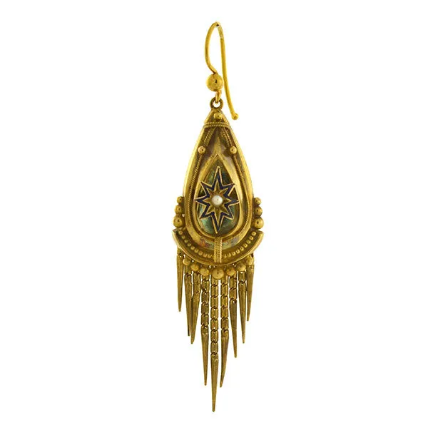 Victorian 15kt Pearl Enameled Starburst Foxtail Fringe Earrings