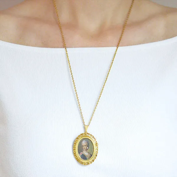 Victorian 18kt Painted Portrait Gemstone Pin/Pendant