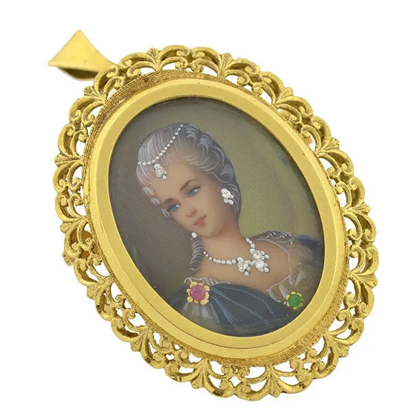 Victorian 18kt Painted Portrait Gemstone Pin/Pendant