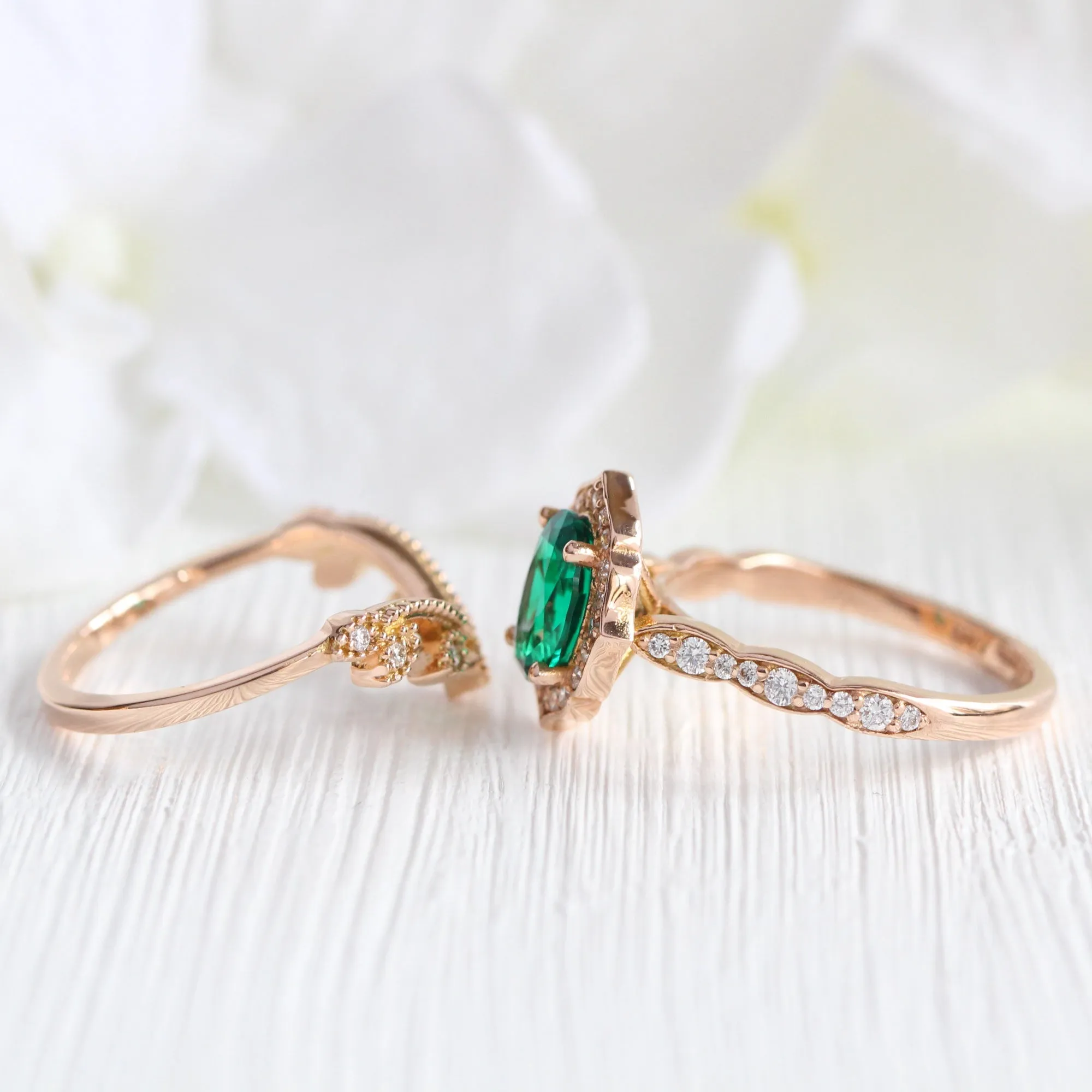 Vintage Floral Oval Ring Bridal Set w/ Emerald and Curved Leaf Diamond Band