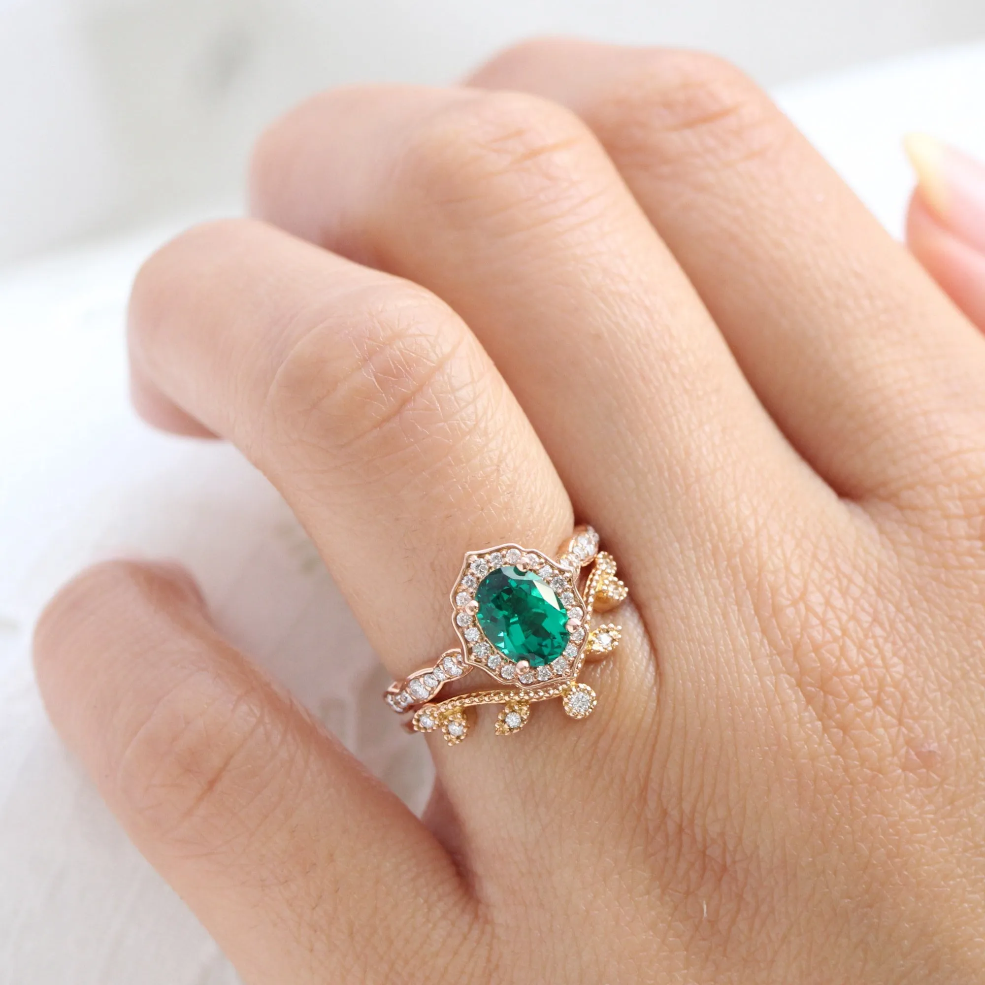 Vintage Floral Oval Ring Bridal Set w/ Emerald and Curved Leaf Diamond Band