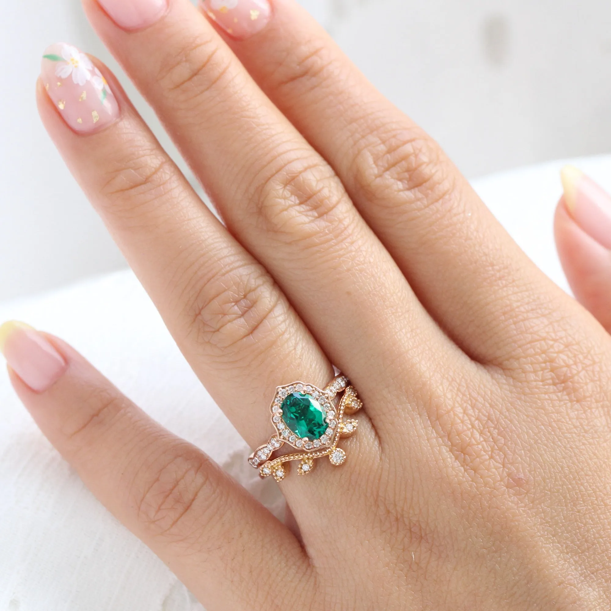 Vintage Floral Oval Ring Bridal Set w/ Emerald and Curved Leaf Diamond Band