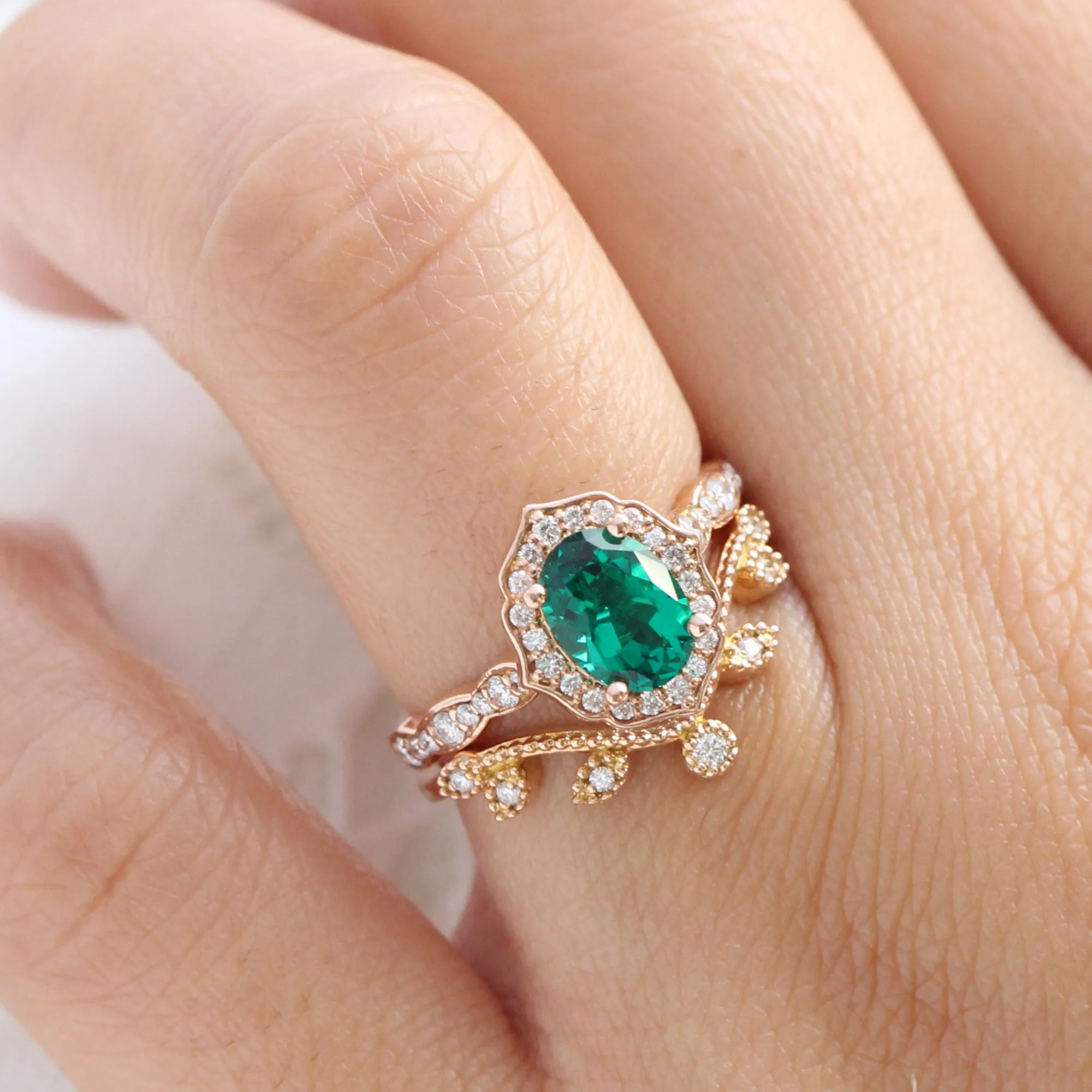 Vintage Floral Oval Ring Bridal Set w/ Emerald and Curved Leaf Diamond Band