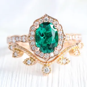 Vintage Floral Oval Ring Bridal Set w/ Emerald and Curved Leaf Diamond Band