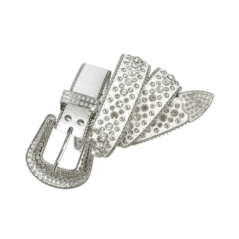 Western White Strap Crystal Studded Rhinestone Belt