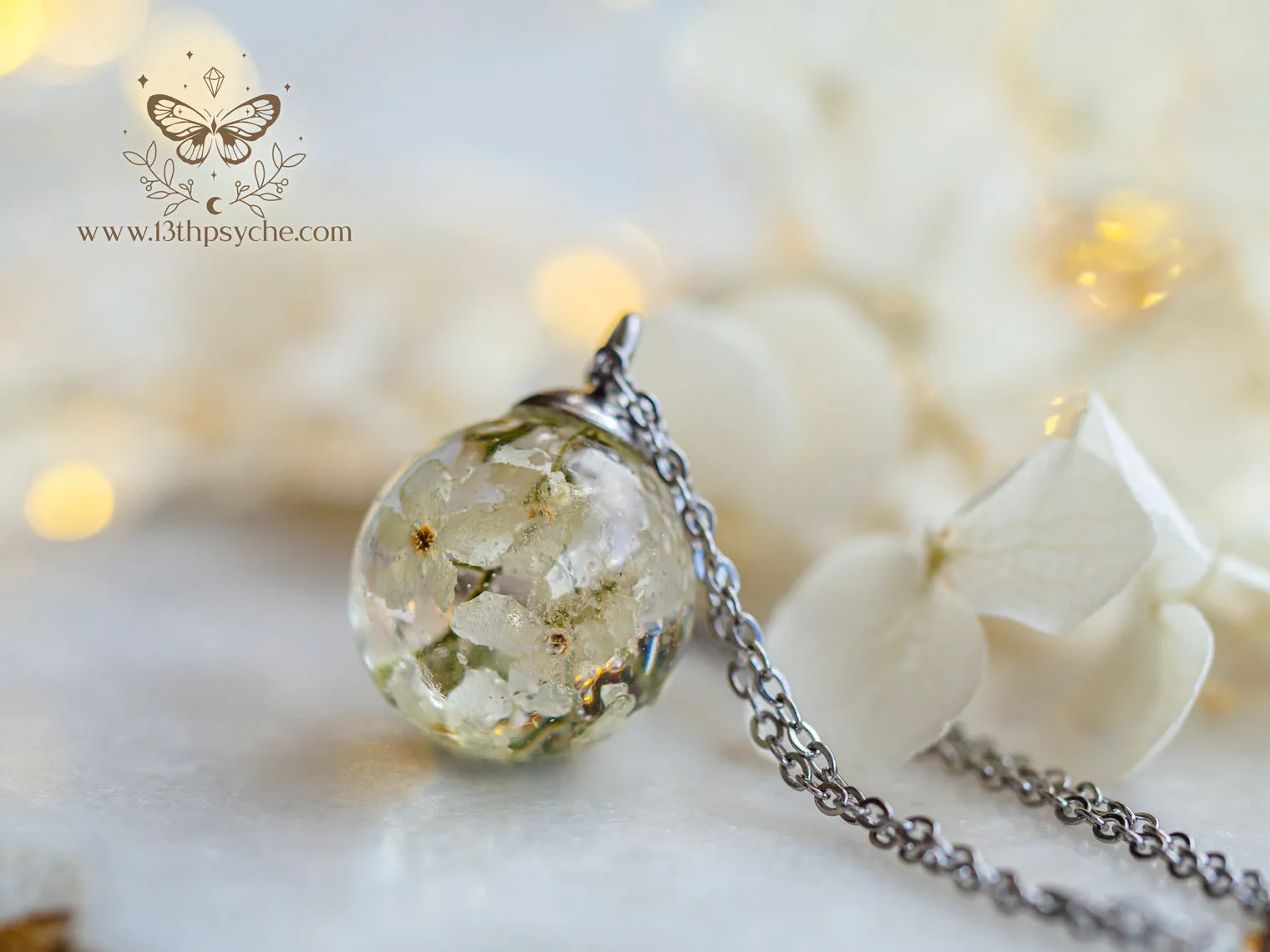 White forget me not flowers orb pendant necklace