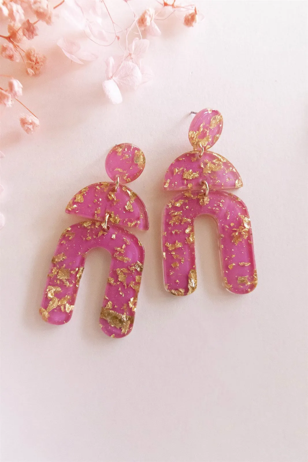 Whitney Gold Leaf Resin Earrings | Spring Pink Eclectic Artisan Earrings