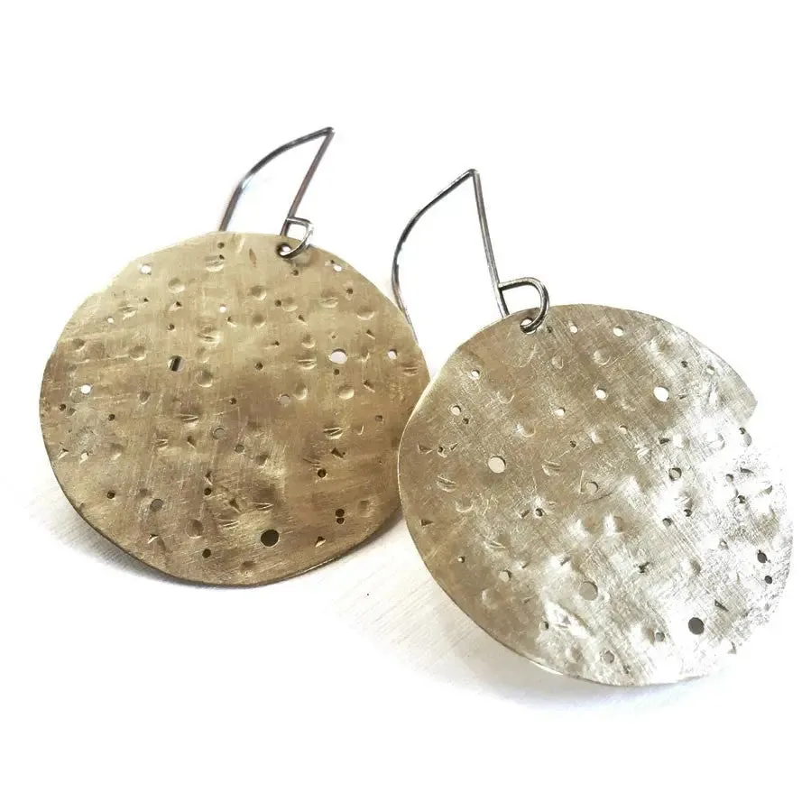 Wild Moon Disc Brass and Oxidized Sterling Silver Earrings WMDE002 by Votive Designs Jewelry